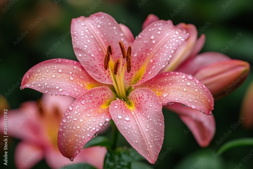 Fototapeta premium Beautiful pink lily blooms with water droplets in a lush garden during springtime