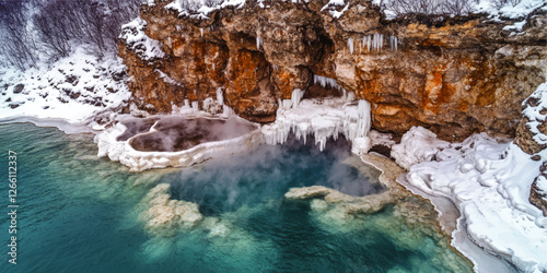 Stunning Vector Image of Winter Landscape with Frozen Waterfall and Snowy Cliffs Overlooking Turquoise Lake in Scenic Nature Setting