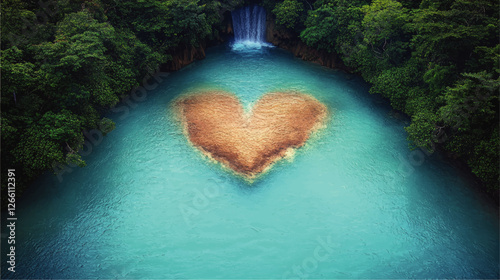 Stunning Heart-Shaped Island in Turquoise Lake with Lush Jungle Waterfall Scenery - Perfect Nature Vector Illustration for Romantic Destinations