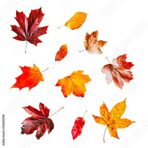 Collection of vibrant autumn leaves in various shapes and shades of red, orange, and yellow, isolated on a pure white background. Perfect for seasonal designs photo