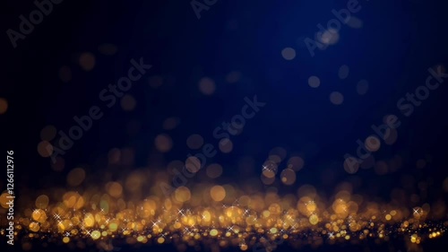 Fondo abstracto azul oscuro con partículas doradas brillantes y en movimiento, efecto bokeh. Video en bucle