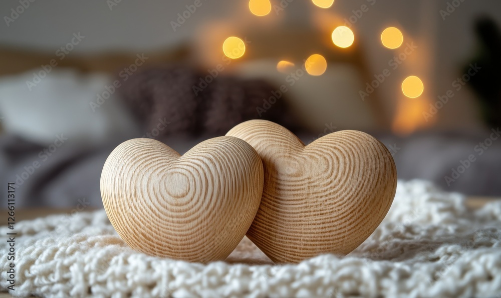 Two wooden hearts on a table with blurred warm lights in the background create a romantic atmosphere, perfect Two wooden hearts on a table with blurred warm lights in the background create a romantic atmosphere, perfect