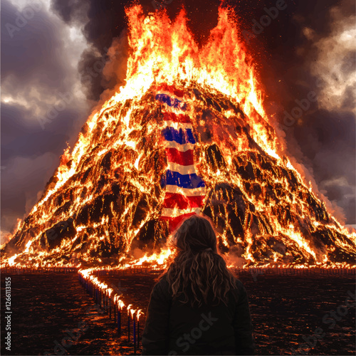 Spectacular Bonfire with Enormous Flames Lighting the Night Sky and Large Flag in a Vibrant Outdoor Celebration with Onlookers Amidst Dramatic Clouds