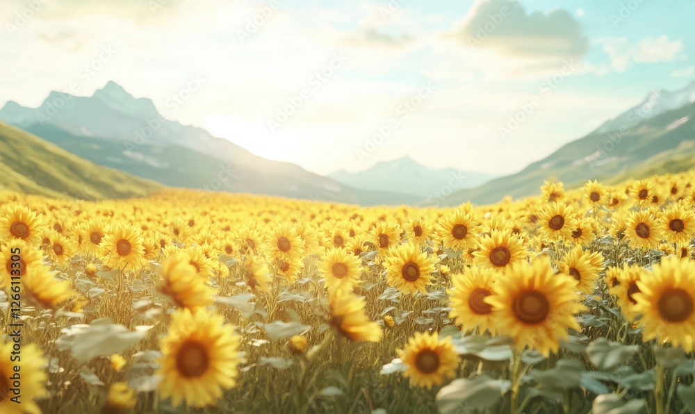 Obraz premium Golden sunflower fields stretching endlessly under a bright summer sky, symbolizing joy and positivity.