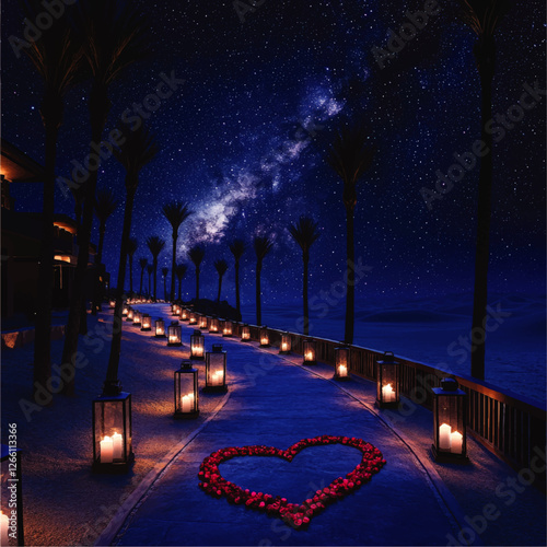 Stunning Romantic Desert Night Scene with Lit Pathway, Heart of Red Roses, Palm Trees, and Starry Sky Perfect for Weddings and Romantic Getaways