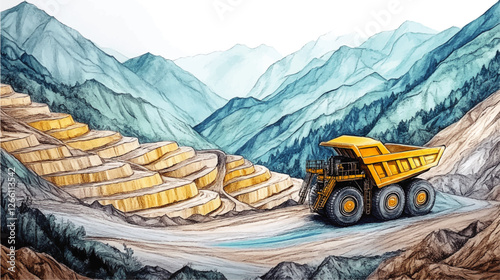 Majestic Mining Landscape with Giant Dump Truck in Open-Pit Mine Surrounded by Stepped Terraces and Lush Mountains in Watercolor Vector Illustration