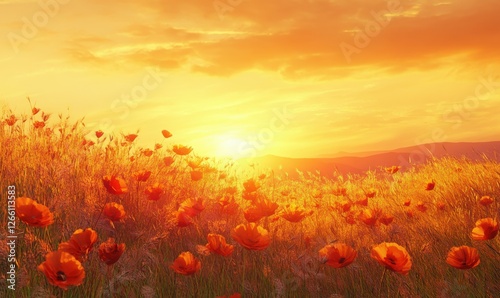 Poppy flowers swaying in a golden field under a vibrant orange sunset, creating a dramatic yet serene rural scene.