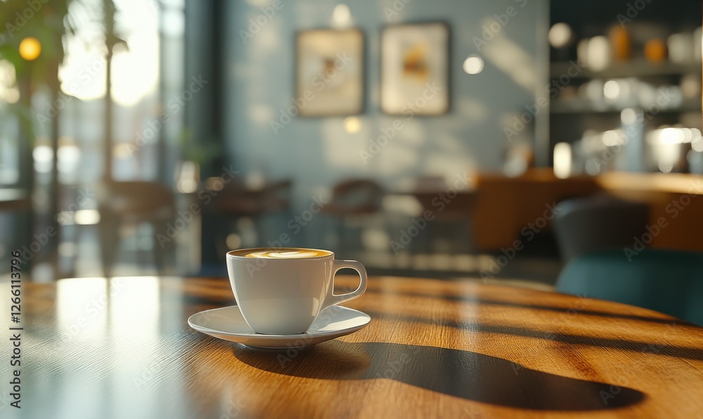 Modern coffee shop interior with an espresso cup placed on a polished wooden table, warm light reflecting off the surfaces, creating a cozy and inviting scene Modern coffee shop interior with an espresso cup placed on a polished wooden table, warm light reflecting off the surfaces, creating a cozy and inviting scene