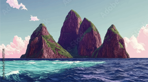 Stunning Vector Image of Tropical Island with Three Lush Green Mountains, Azure Ocean Waves, and Serene Pink-tinged Clouds Under a Clear Blue Sky