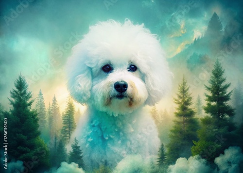 Surreal Double Exposure: Mystical Forest & Majestic Bichón Frise Dog Portrait photo