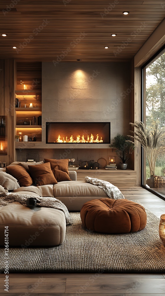 Fototapeta premium Cozy living area modern fireplace high resolution hd photo