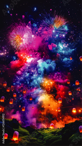 Vibrant Night Sky Vector Art with Colorful Fireworks and Lanterns Amidst Stars and Clouds for Festive Celebration and Creative Design Inspiration