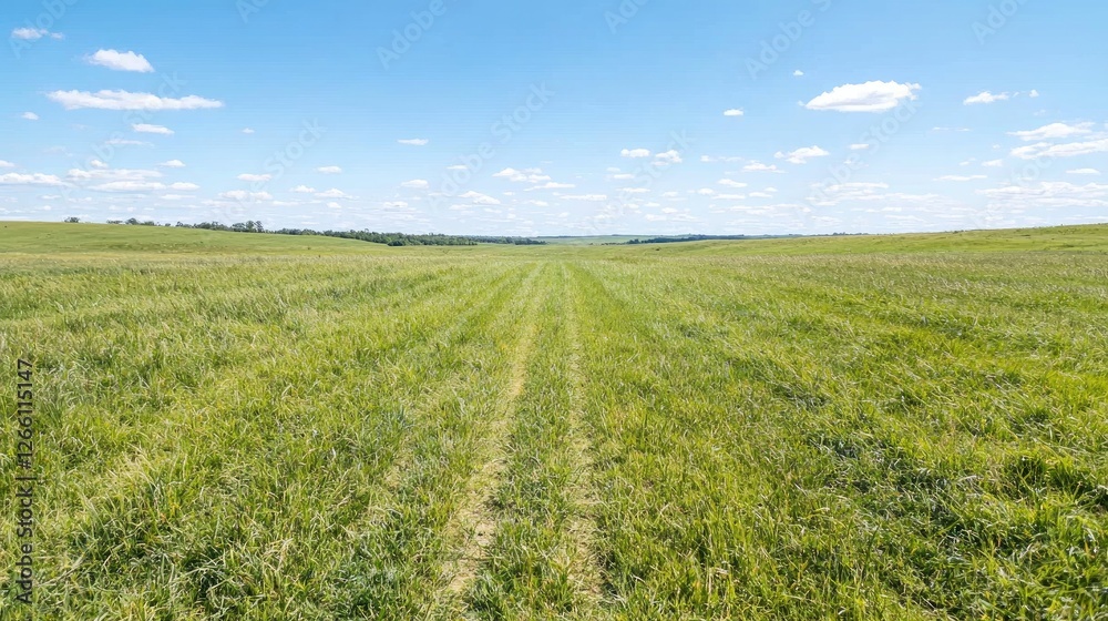 Fototapeta premium Open field, grassy plain, summer day, tranquil landscape, wide view, ideal for background