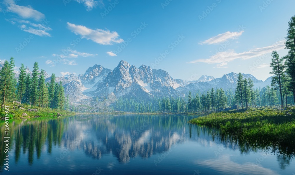 Scenic mountain lake reflecting the surrounding peaks and pine trees under a clear blue sky, a perfect getaway into nature. Scenic mountain lake reflecting the surrounding peaks and pine trees under a clear blue sky, a perfect getaway into nature.