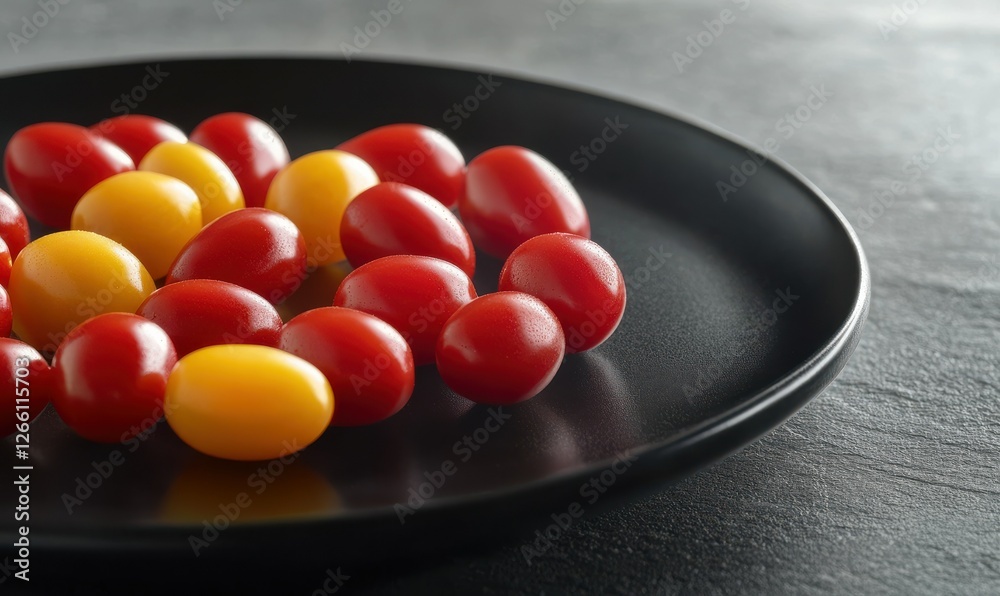 Close-up of vibrant cherry tomatoes neatly arranged on a black plate, soft natural light highlighting their fresh textures, clean and appetizing, sharp and colorful Close-up of vibrant cherry tomatoes neatly arranged on a black plate, soft natural light highlighting their fresh textures, clean and appetizing, sharp and colorful
