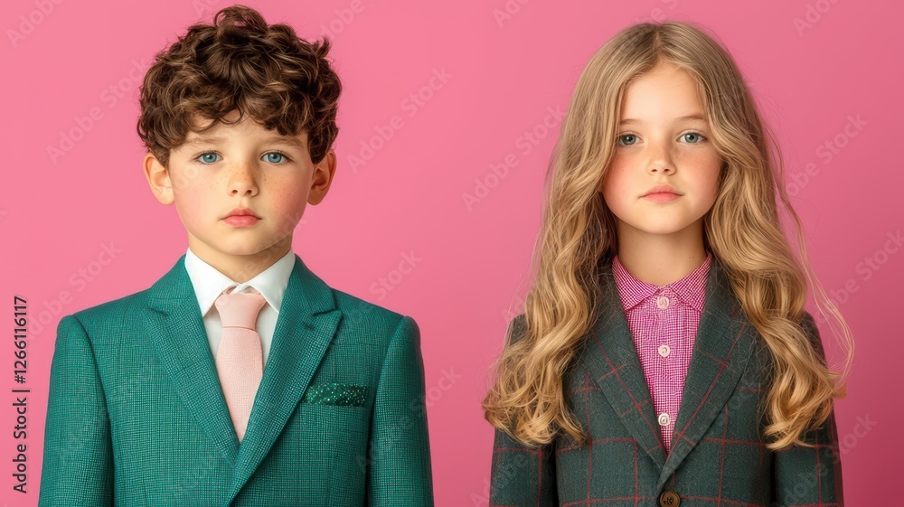 Two stylish children pose against a pink background, showcasing fashionable suits and elegant hairstyles, exuding confidence and charm. Two stylish children pose against a pink background, showcasing fashionable suits and elegant hairstyles, exuding confidence and charm.
