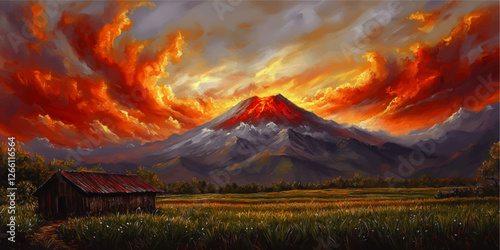 Stunning Artistic Sunset Over Majestic Volcanic Mountain with Fiery Clouds and Rustic Cabin in Lush Green Field Landscape - High-Resolution Digital Vector Art