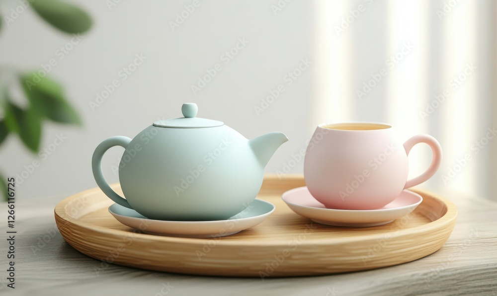 Smooth ceramic teapot and cup set in soft pastel tones on a natural wooden tray, perfect for serene tea-time moments. Smooth ceramic teapot and cup set in soft pastel tones on a natural wooden tray, perfect for serene tea-time moments.