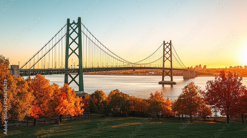 Fototapeta premium Iconic bridge in fall at sunset over water, beautiful light, travel background