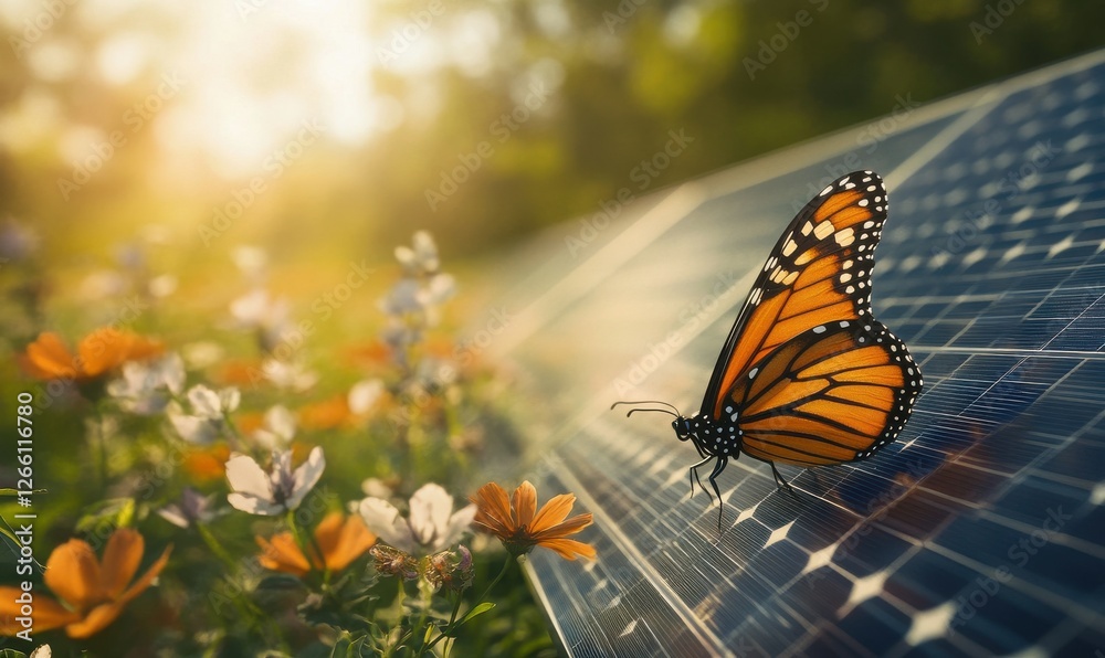 A delicate butterfly perched on a solar panel amidst a lush meadow, blending technology with the beauty of nature. A delicate butterfly perched on a solar panel amidst a lush meadow, blending technology with the beauty of nature.