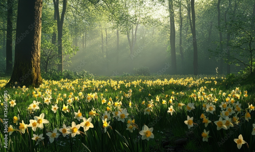 Obraz premium Spring meadow filled with daffodils blooming vibrantly under a gentle morning sun, with a misty forest visible in the background.