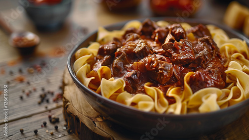 A warm bowl of beef goulash, steeped in rich paprika and served atop egg noodles, bringing the flavors of Hungary to your table