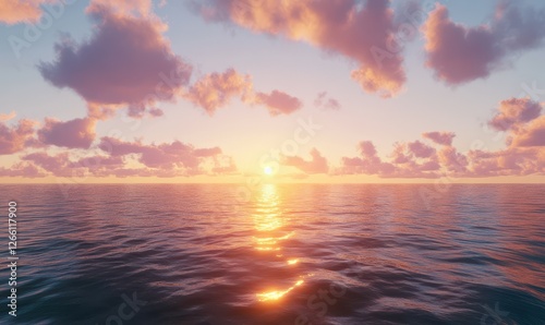 Vibrant sunset over a serene ocean horizon with soft golden reflections, scattered clouds glowing in shades of orange and pink.