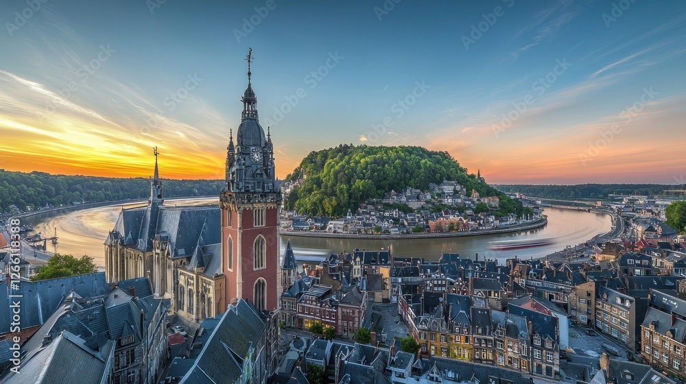 Naklejka premium Panoramic sunrise over European city with river and hilltop church