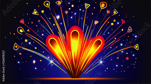 Vibrant Vector Illustration of Illuminated Geometric Fireworks with Colorful Sparkling Stars and Abstract Shapes on Dark Background for Celebration Design