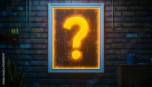 Realistic Quiz Poster With Yellow Neon Question Mark On Dark Brick Wall With White Frame And Copy Space - Trivia Night Or Contest Announcement. photo