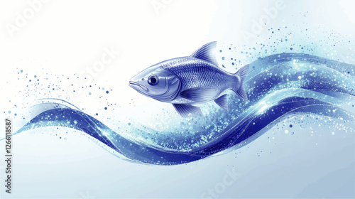 Dynamic Blue Fish Vector Illustration with Splashing Abstract Water Waves and Bubbles in Serene Aquatic Theme - Ideal for Modern Oceanic Design Projects