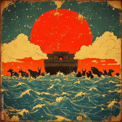 Vintage Vector Art of Noah's Ark with Diverse Animals Against Dramatic Red Sun and Cloudy Sky - Vibrant Ocean Waves and Biblical Iconography Illustration
