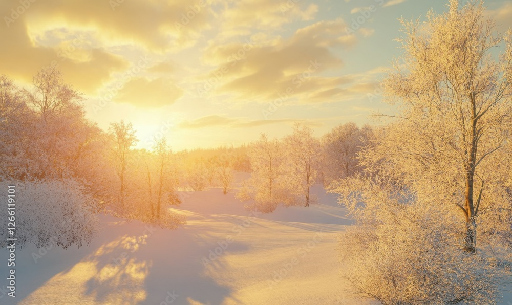Golden sunset over snow-covered trees, with warm light glistening on frost-covered branches and a distant forest view, evoking winter tranquility Golden sunset over snow-covered trees, with warm light glistening on frost-covered branches and a distant forest view, evoking winter tranquility