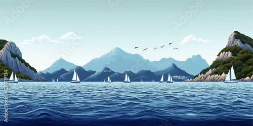 Scenic Vector Art of Sailboats on Serene Blue Waters Amidst Majestic Mountainous Coastline with Greenery Under Clear Sky and Birds Flying in the Distance