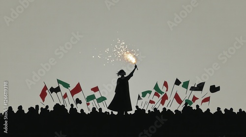 Silhouette of a figure with a sparkler surrounded by waving flags.
