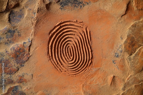 Grooved fingerprint design carved into an aged terracotta surface