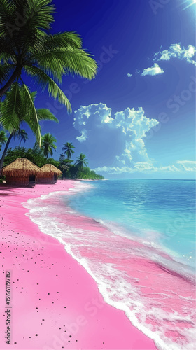 Tropical Pink Sand Beach with Palm Trees and Huts Vector Image - Vibrant Ocean Blue Sky Scene for Paradise Travel, Exotic Vacation, Summer Art Decor