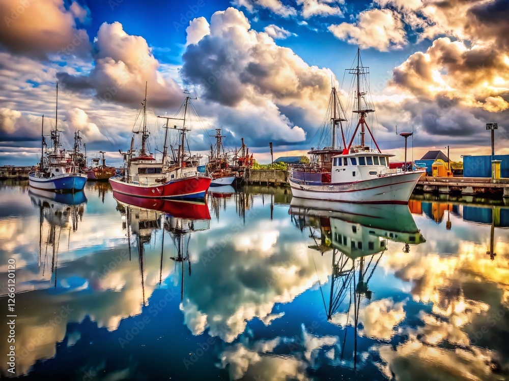 Φωτογραφία Surreal Steveston Marina: Cloudy Sky Reflection on Fishing Boats