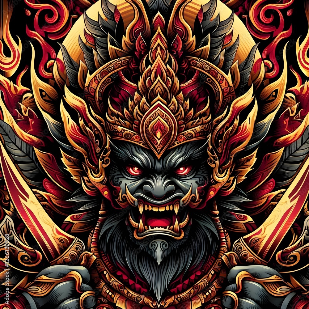 Fototapeta premium The Fierce Protector Digital PortraitMythical Thai Giant Golden Demon King Guardian Spirit of Thailand Legendary Thai Warrior Ancient Thai God 