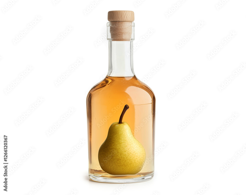 Bottle of spirit with pear inside isolated on white, alcoholic beverage, generated ai Bottle of spirit with pear inside isolated on white, alcoholic beverage, generated ai