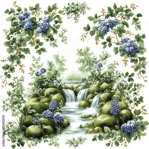 Exquisite Nature-Themed Vector Art with Blue Hydrangeas, Greenery, and Serene Waterfall for Inviting Presence in Home Decor and Digital Design Projects
