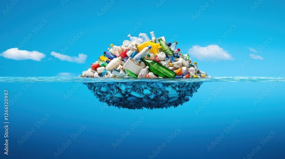 Plastic waste forms an island, mostly submerged in a clear blue ocean, under a bright sky, highlighting the problem of marine pollution. Plastic waste forms an island, mostly submerged in a clear blue ocean, under a bright sky, highlighting the problem of marine pollution.