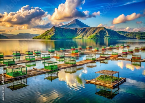 Surreal Tilapia Farming in Batangas: Fish Cages Against the Dramatic Binintiang Malaki Crater photo