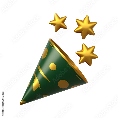 Golden and Green 3D Party Popper Icon with Confetti on Transparent Background for Birthday Celebration