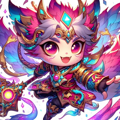A cute little human cartoon that emphasizes cuteness and demon status. Emphasizes soft pastel colors. Emphasizes the green of the characters to emphasize cuteness.