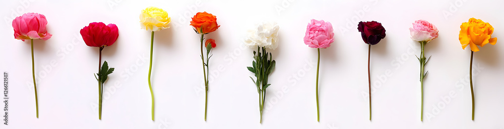Fototapeta premium beautiful, colorful flowers of the same size, top view, isolated on a white background