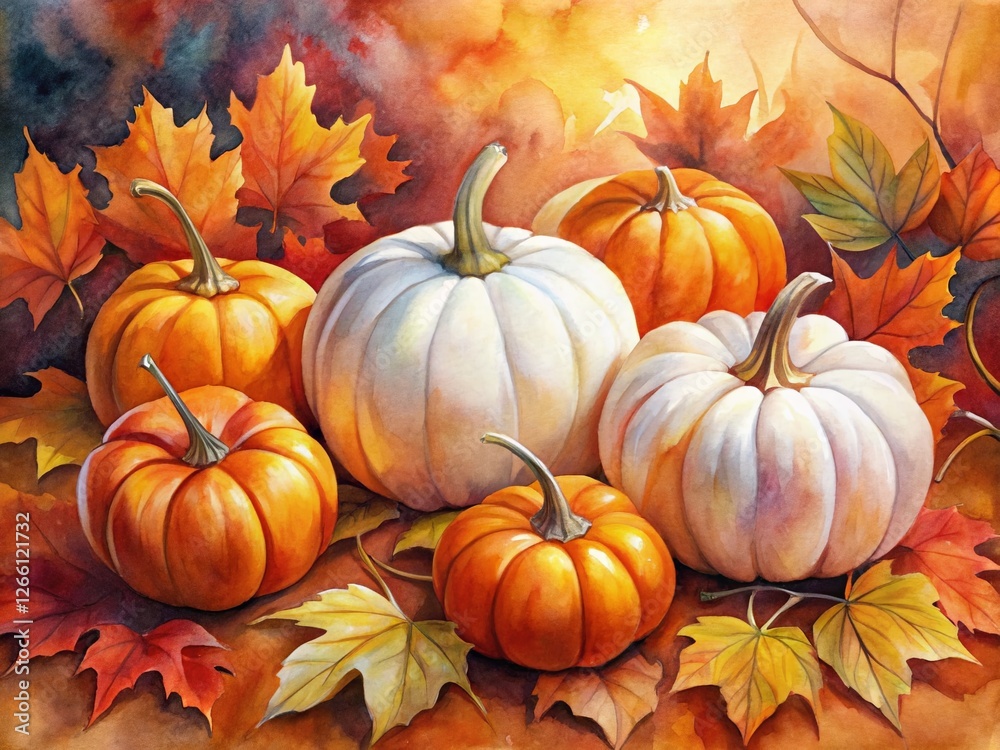 Surreal Watercolor Autumn Pumpkins & Leaves: Cozy Fall Harvest Painting Surreal Watercolor Autumn Pumpkins & Leaves: Cozy Fall Harvest Painting