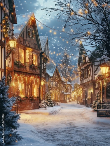 Snowy european village street decorated for christmas with bright lights