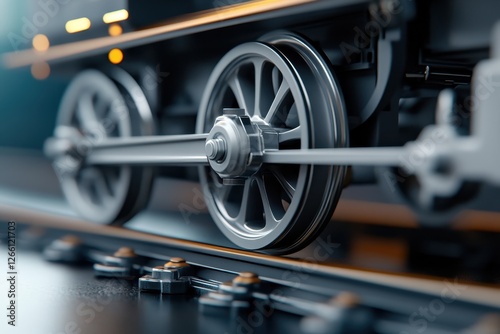 Close-up of train wheels and connecting rods, showcasing the mechanical details and industrial design. photo