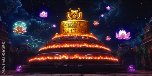 Magical Ancient Temple Under Starry Night Sky with Glowing Lotus Flowers and Mystical Golden Artifact on Pyramid Surrounded by Enchanted Floating Orbs